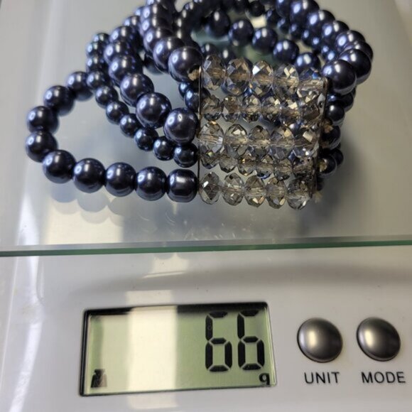 Grey Faux Pearl Stretch Bracelet 5 Strand Wide Faux Pearl Elastic Bracelet - Picture 8 of 8